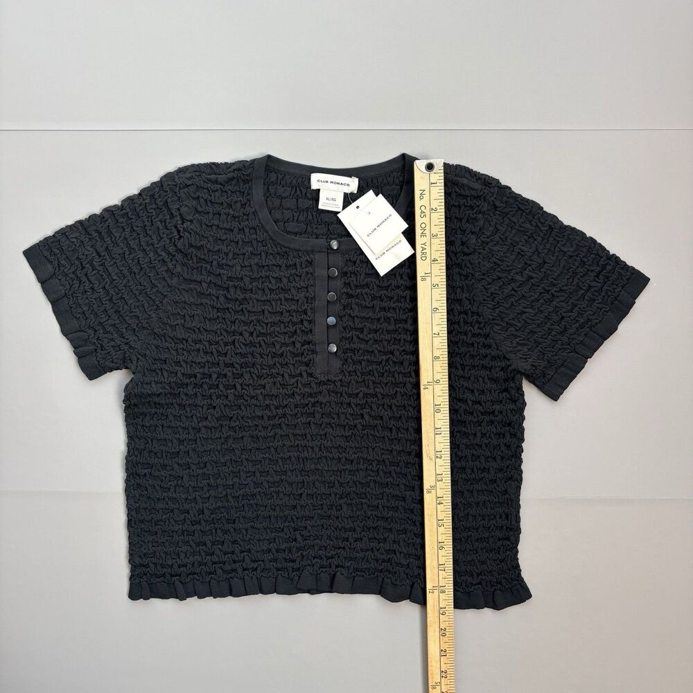 CLUB MONACO Womens XL Pucker Textured Button Front Short Sleeve Top Black Ruched - Picture 6 of 10